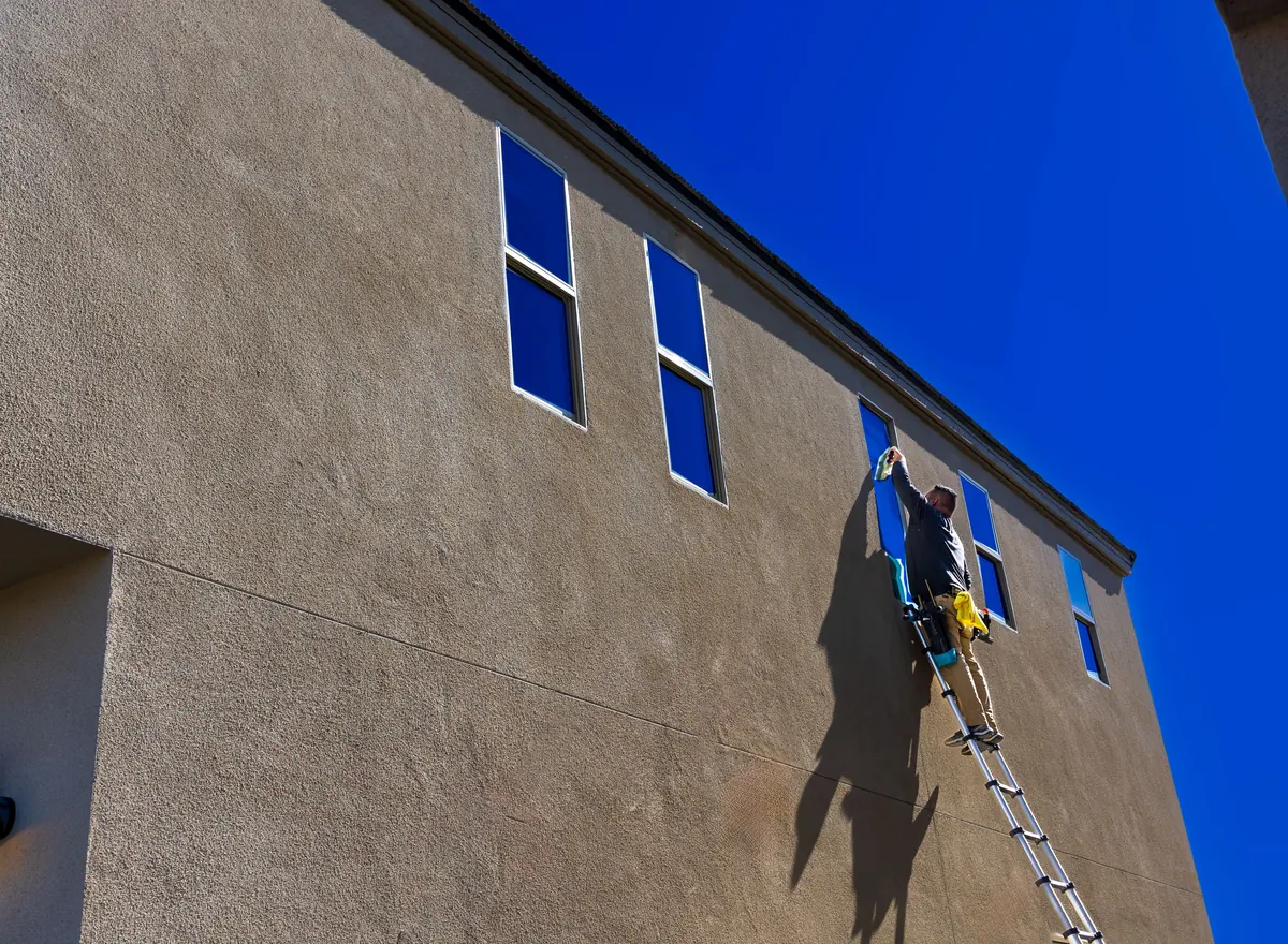 Commercial window cleaning on a building, with the cleaner working from a ladder