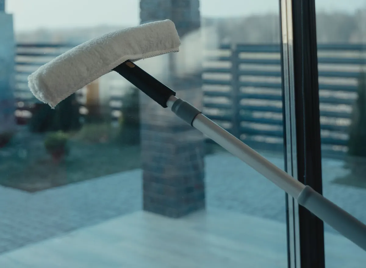Cleaning a large glass door with a scrubber on an extension handle
