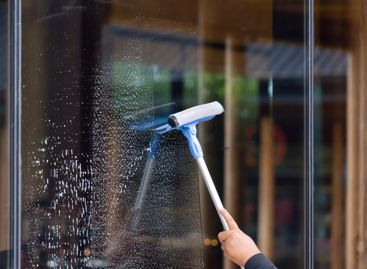 Interior window cleaning with a squeegee on a large indoor pane