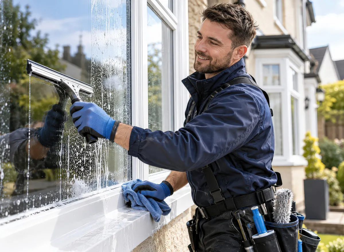 Window cleaner squeegeeing the outside of a home window and wiping the sill
